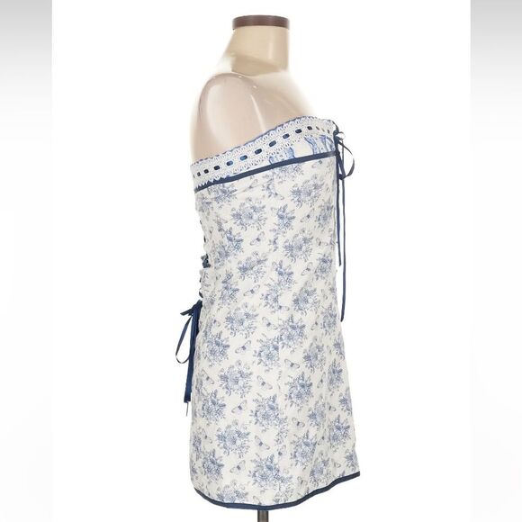 With Jean Sabrin Toile Papillon Strapless Floral Blue White Mini Dress‎ medium - Picture 6 of 16